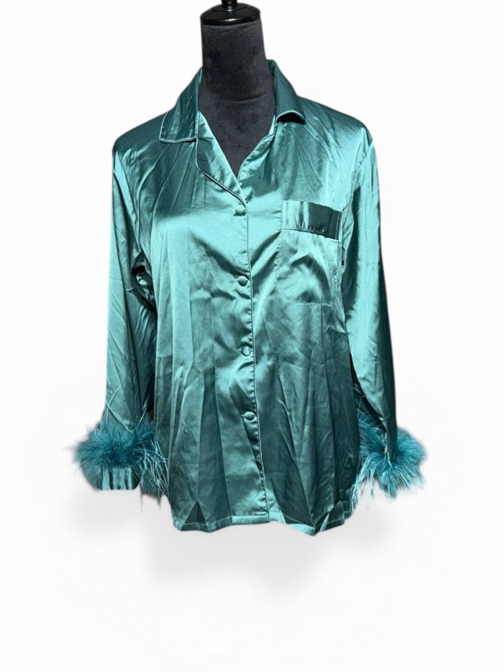 Silky Teal Button-Front Pajama Top with Feather Cuffs